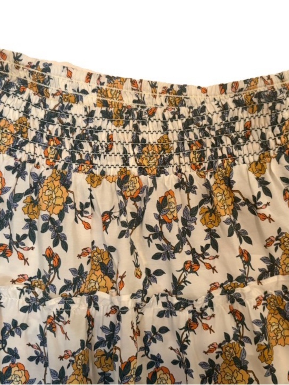 Max Studio Floral Tiered Skirt Butter Yellow Ivory Rayon Smocked Waist Large NWT - Picture 11 of 11
